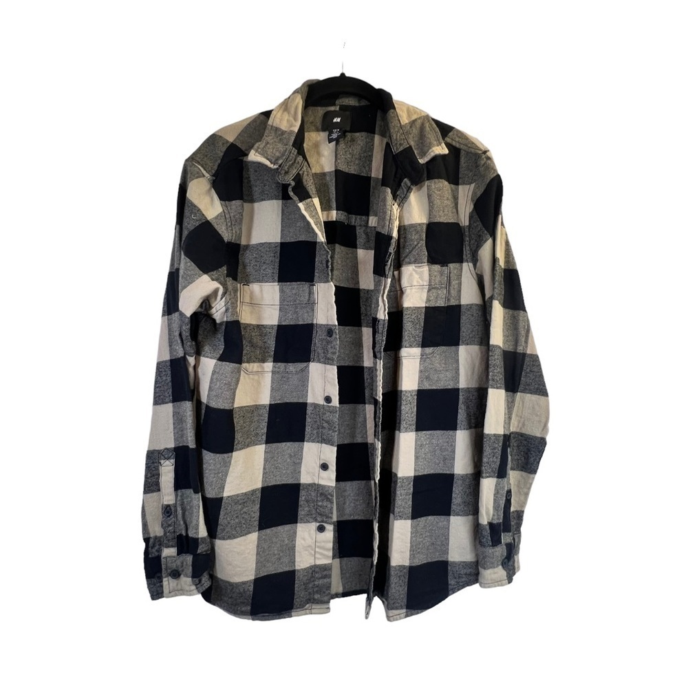 H&M Men's Shirt M Plaid Black Tan Long Sleeves